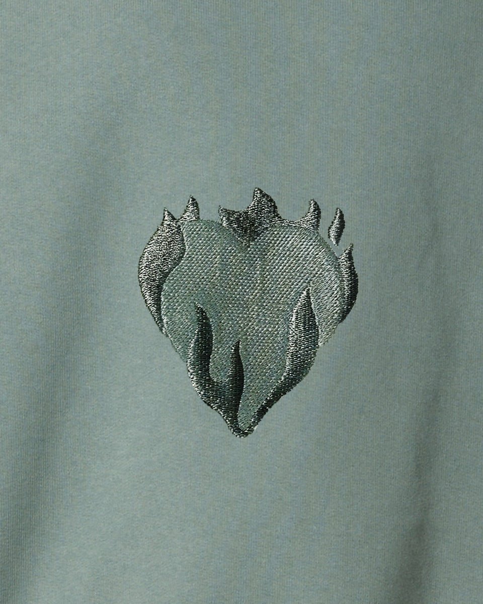 BALSAM GREEN HOODIE WITH EMBROIDERED FLAMING HEART