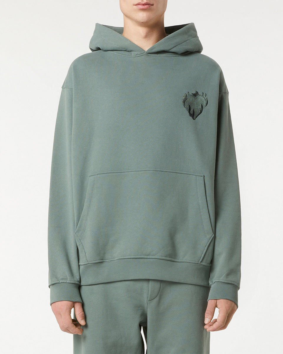 BALSAM GREEN HOODIE WITH EMBROIDERED FLAMING HEART