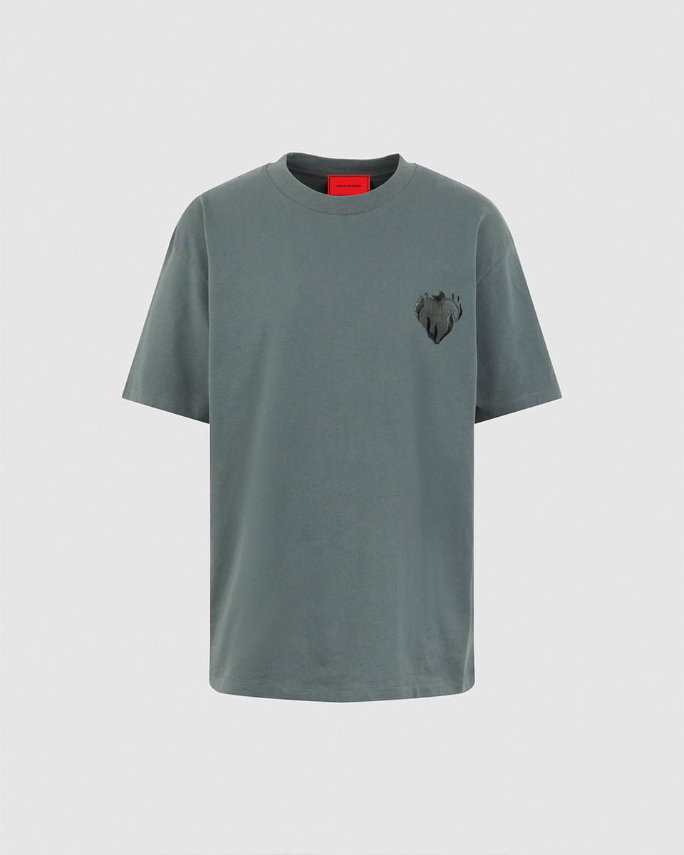 BALSAM GREEN T-SHIRT WITH EMBROIDERED FLAMING HEART