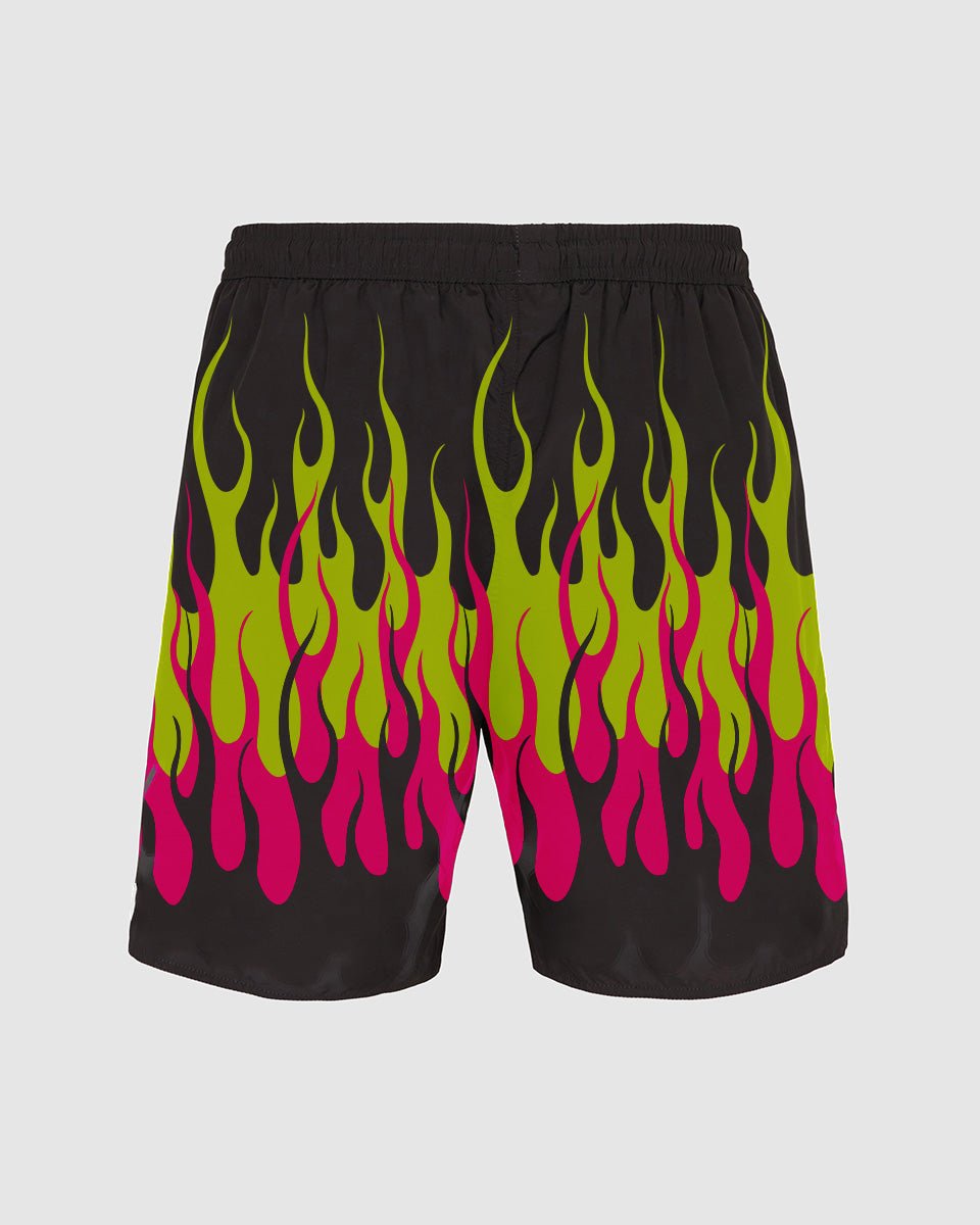 BLACK BEACHWEAR WITH GREEN AND PINK PRINTED FLAMES