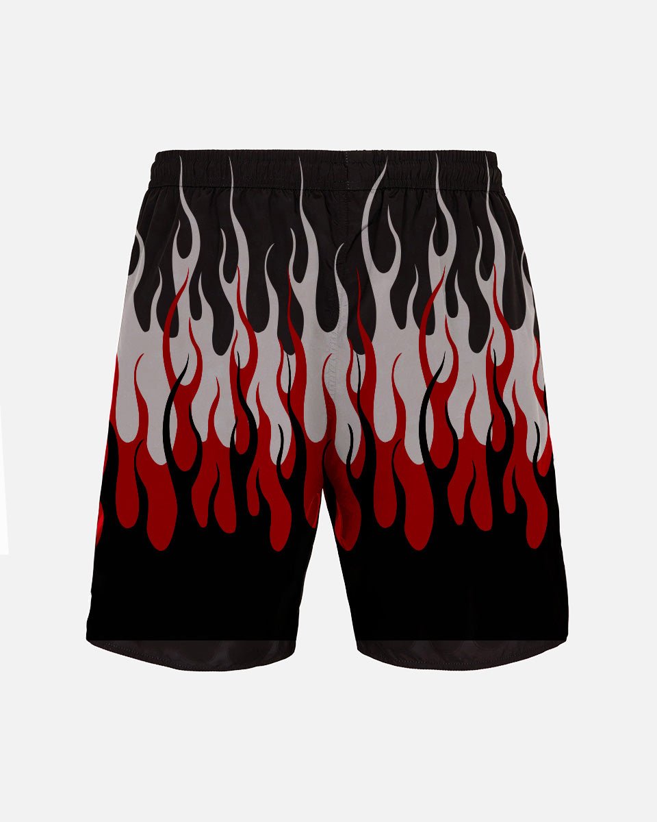 BLACK BEACHWEAR WITH RED AND WHITE PRINTED FLAMES