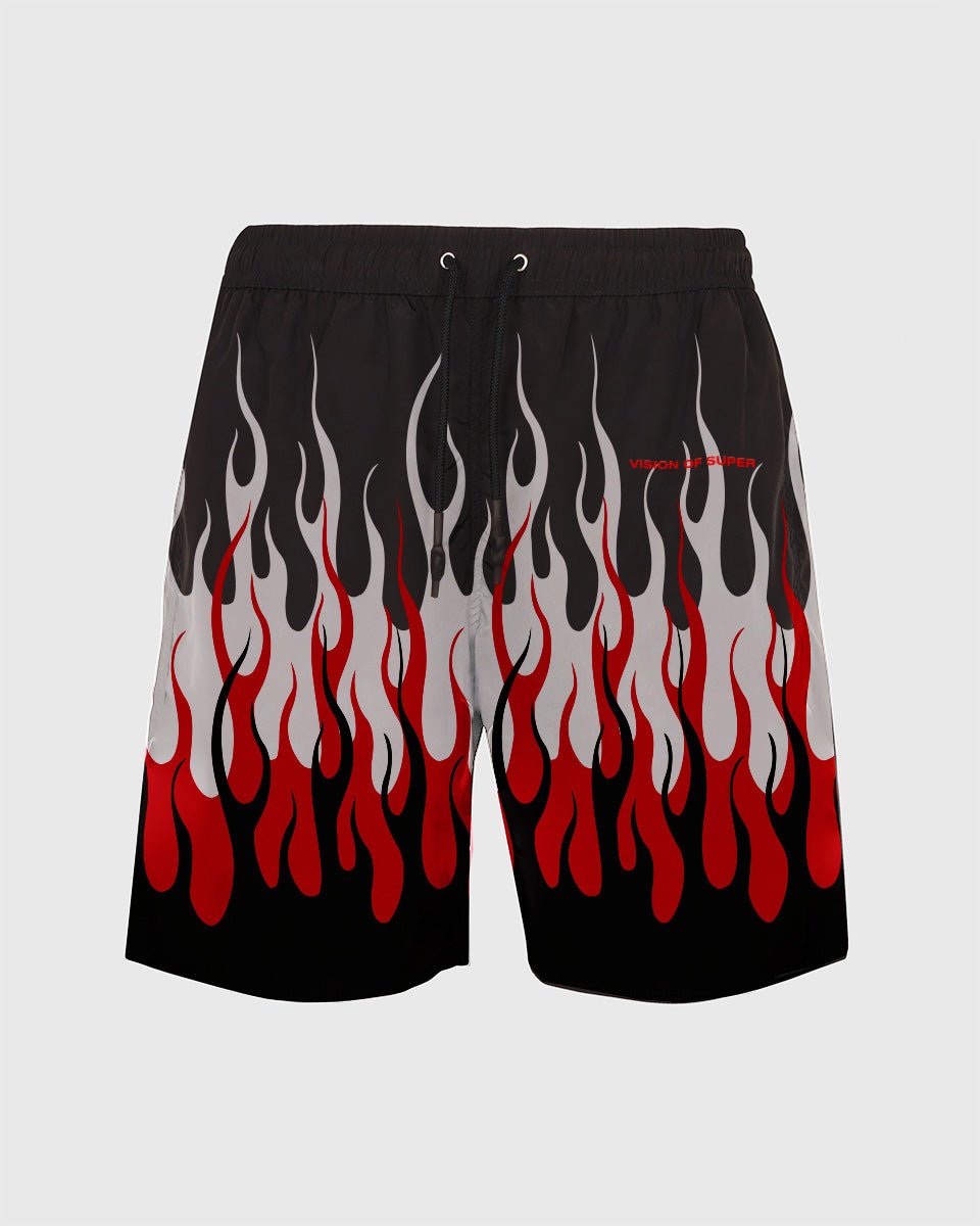 BLACK BEACHWEAR WITH RED AND WHITE PRINTED FLAMES