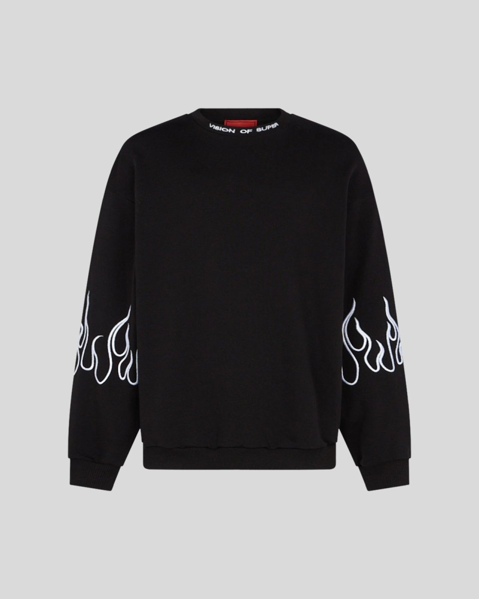 BLACK CREWNECK WITH WHITE EMBROIDERED FLAMES - Vision of Super