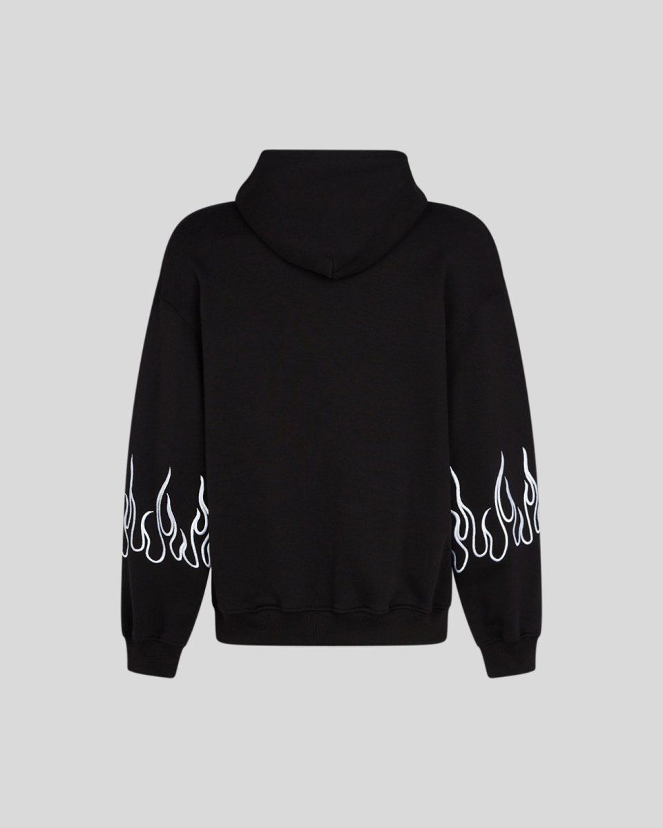 BLACK HOODIE WITH WHITE  EMBROIDERED FLAMES