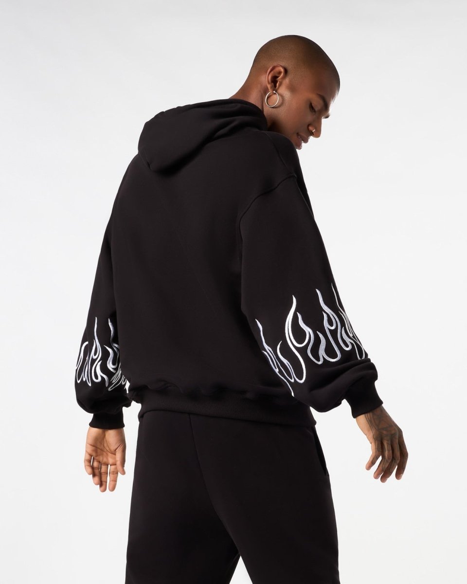 BLACK HOODIE WITH WHITE  EMBROIDERED FLAMES