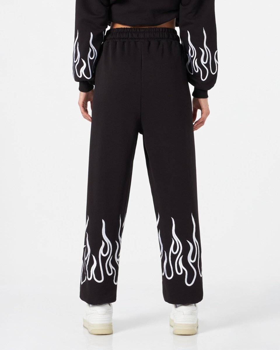 BLACK PANTS WITH WHITE EMBROIDERED FLAMES - Vision of Super