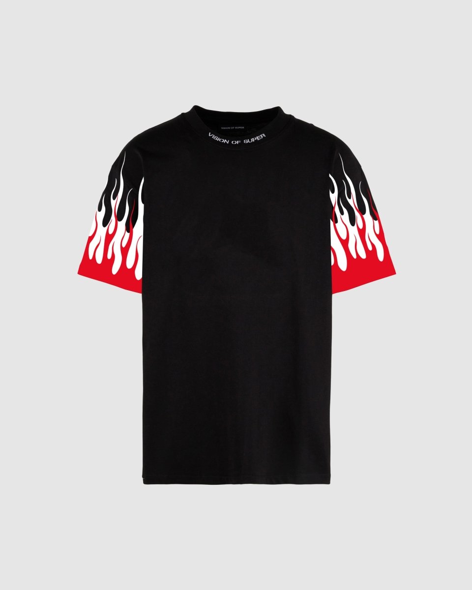 BLACK T-SHIRT WITH PRINTED RED AND WHITE FLAMES