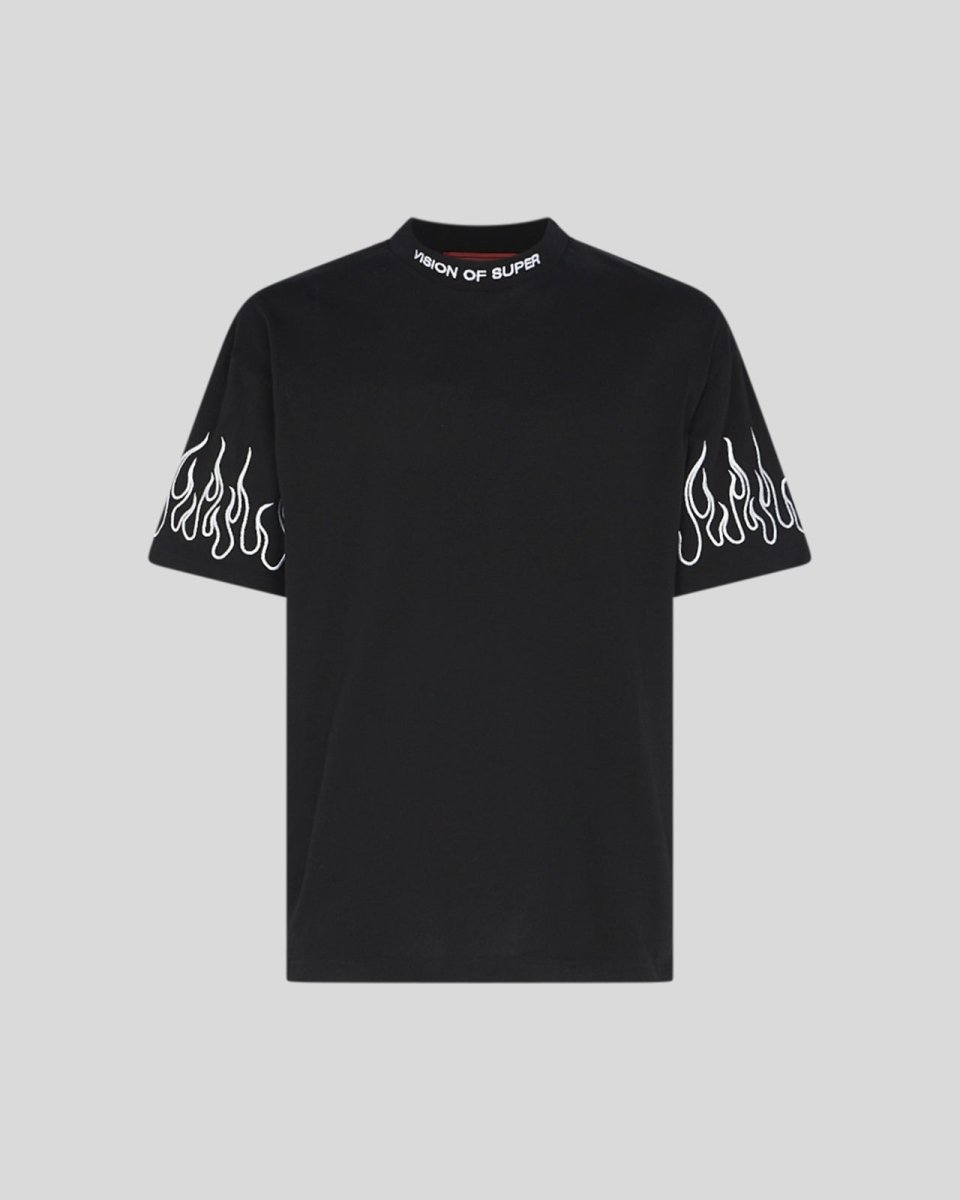 BLACK T-SHIRT WITH WHITE EMBROIDERED FLAMES - Vision of Super