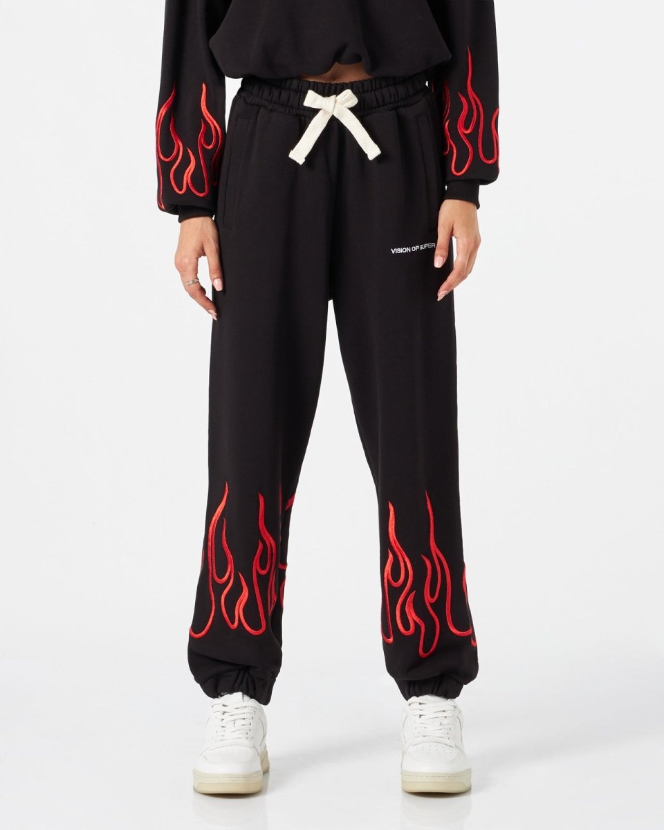 BLACK WOMAN PANTS WITH RED EMBROIDERED FLAMES - Vision of Super