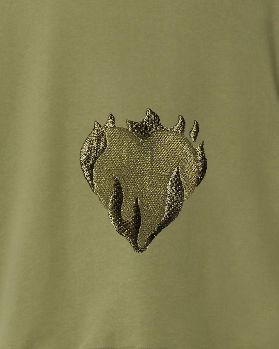 GREEN CREWNECK WITH EMBROIDERED FLAMING HEART - Vision of Super