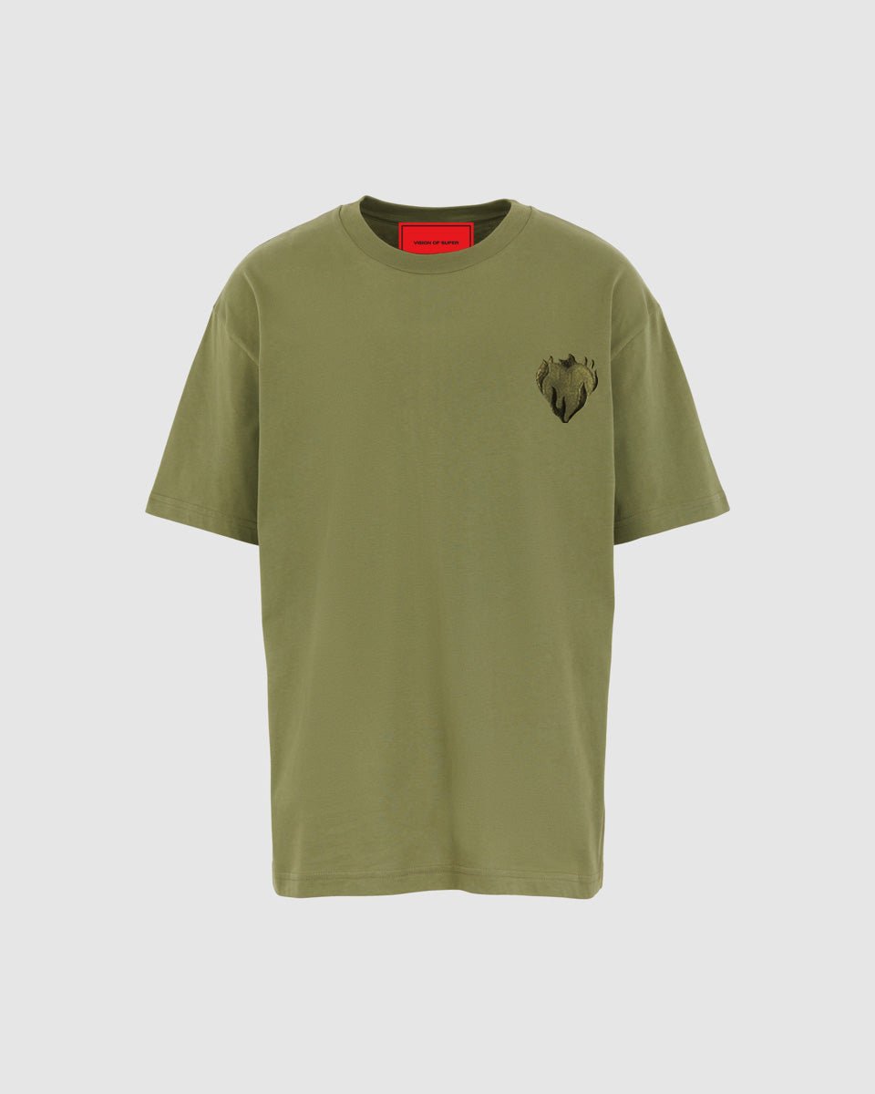 GREEN T-SHIRT WITH EMBROIDERED FLAMING HEART - Vision of Super