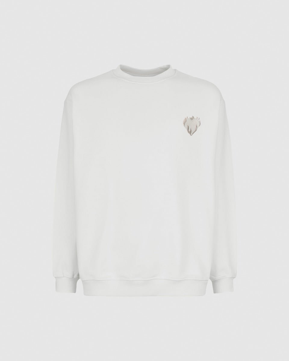 OFF WHITE CREWNECK WITH EMBROIDERED FLAMING HEART - Vision of Super