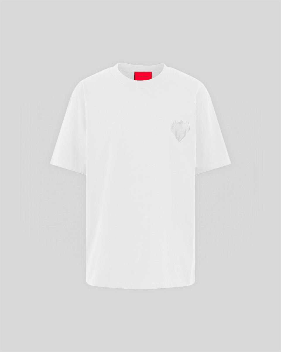 OFF WHITE T-SHIRT WITH EMBROIDERED FLAMING HEART