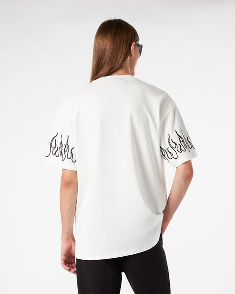 white t shirt with red print