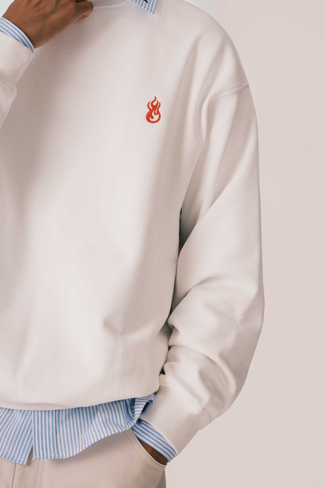 OFFWHITE CREWNECK WITH EMBROIDERED FLAME