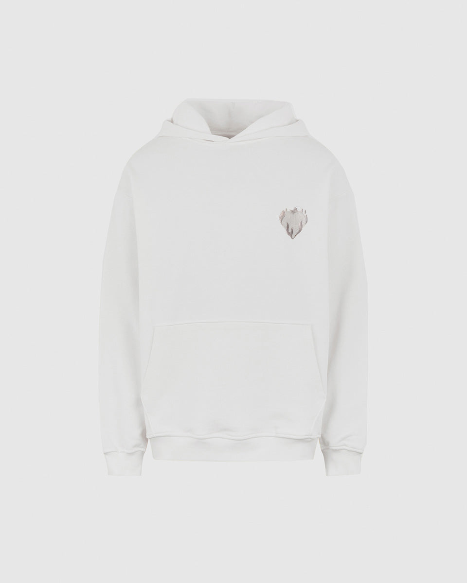 OFF WHITE HOODIE WITH EMBROIDERED FLAMING HEART