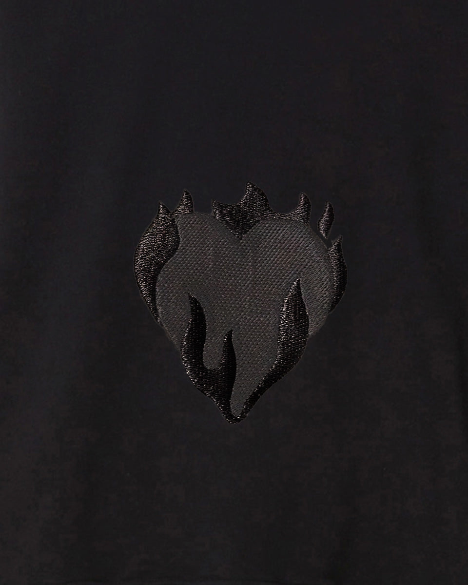 BLACK T-SHIRT WITH EMBROIDERED FLAMING HEART