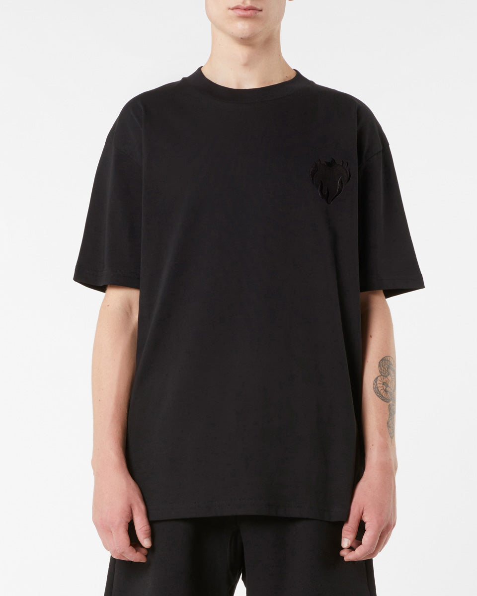BLACK T-SHIRT WITH EMBROIDERED FLAMING HEART