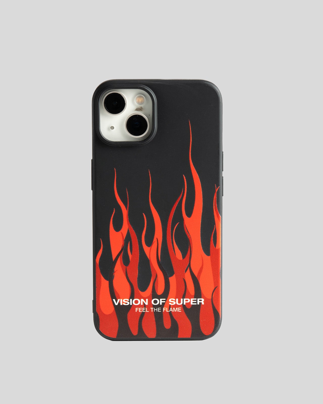 BLACK IPHONE 14 COVER WITH RED FLAMES AND WHITE LOGO