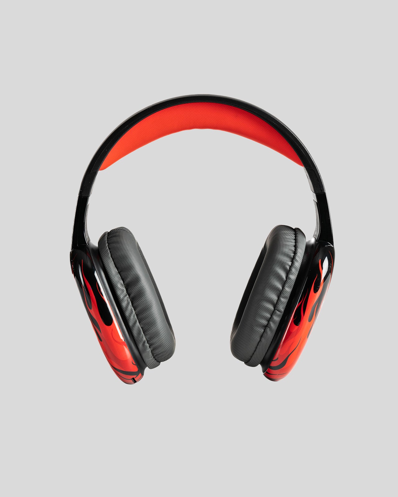 BLACK HEADPHONES WITH RED FLAMES AND WHITE LOGO