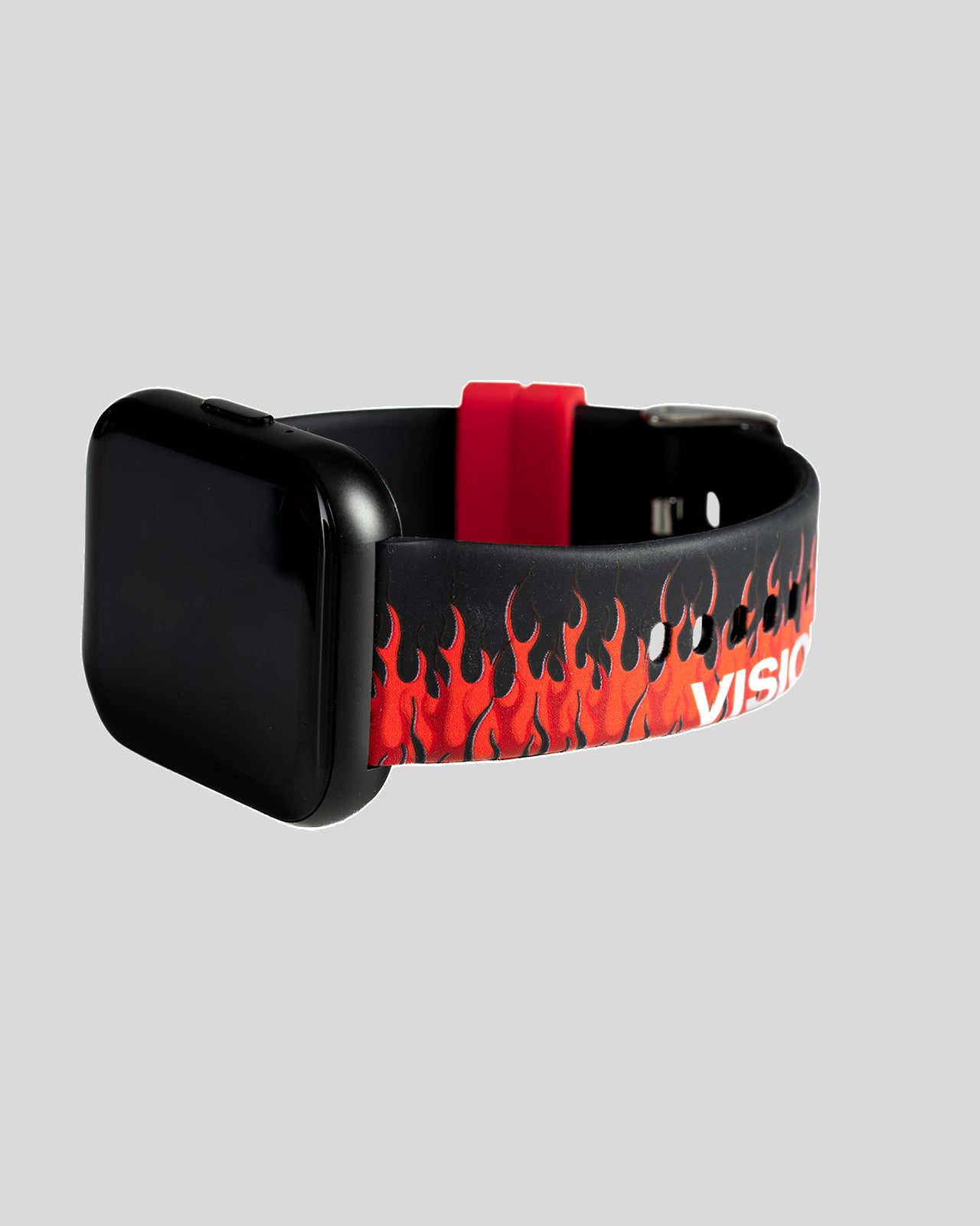 BLACK SMARTWATCH WITH RED FLAMES AND WHITE LOGO