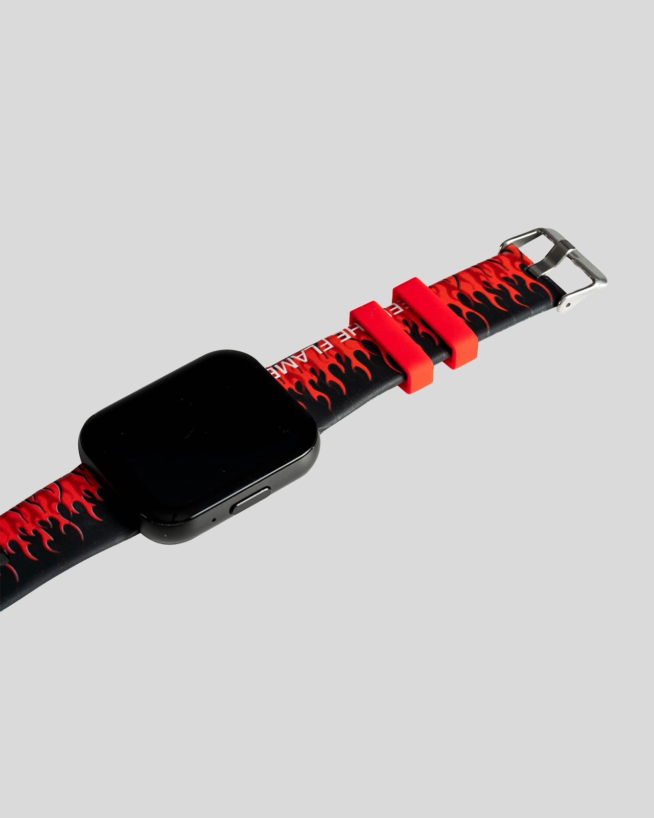 BLACK SMARTWATCH WITH RED FLAMES AND WHITE LOGO