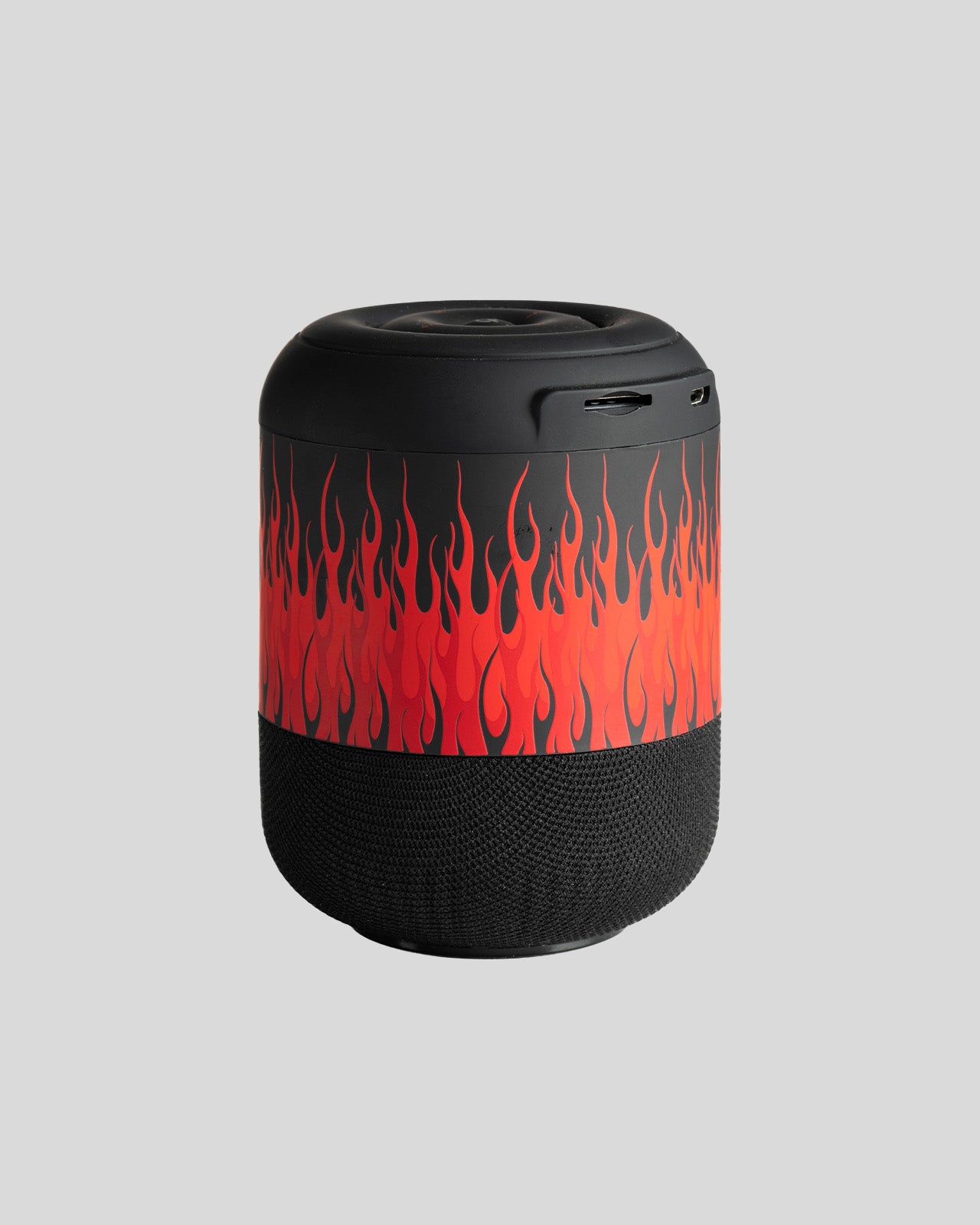 BLACK SPEAKER WITH RED FLAMES AND WHITE LOGO
