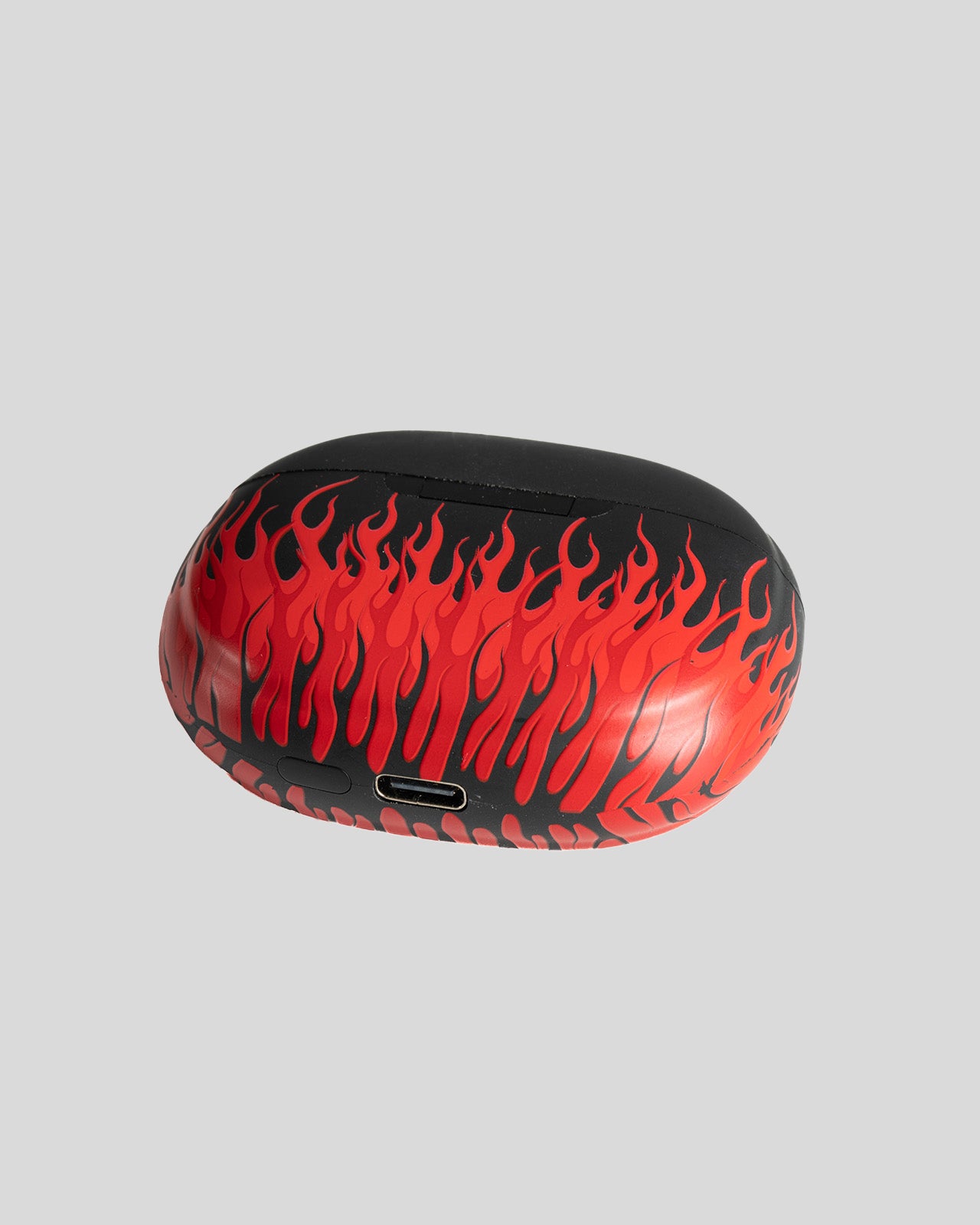 BLACK EARPHONES WITH RED FLAMES AND WHITE LOGO