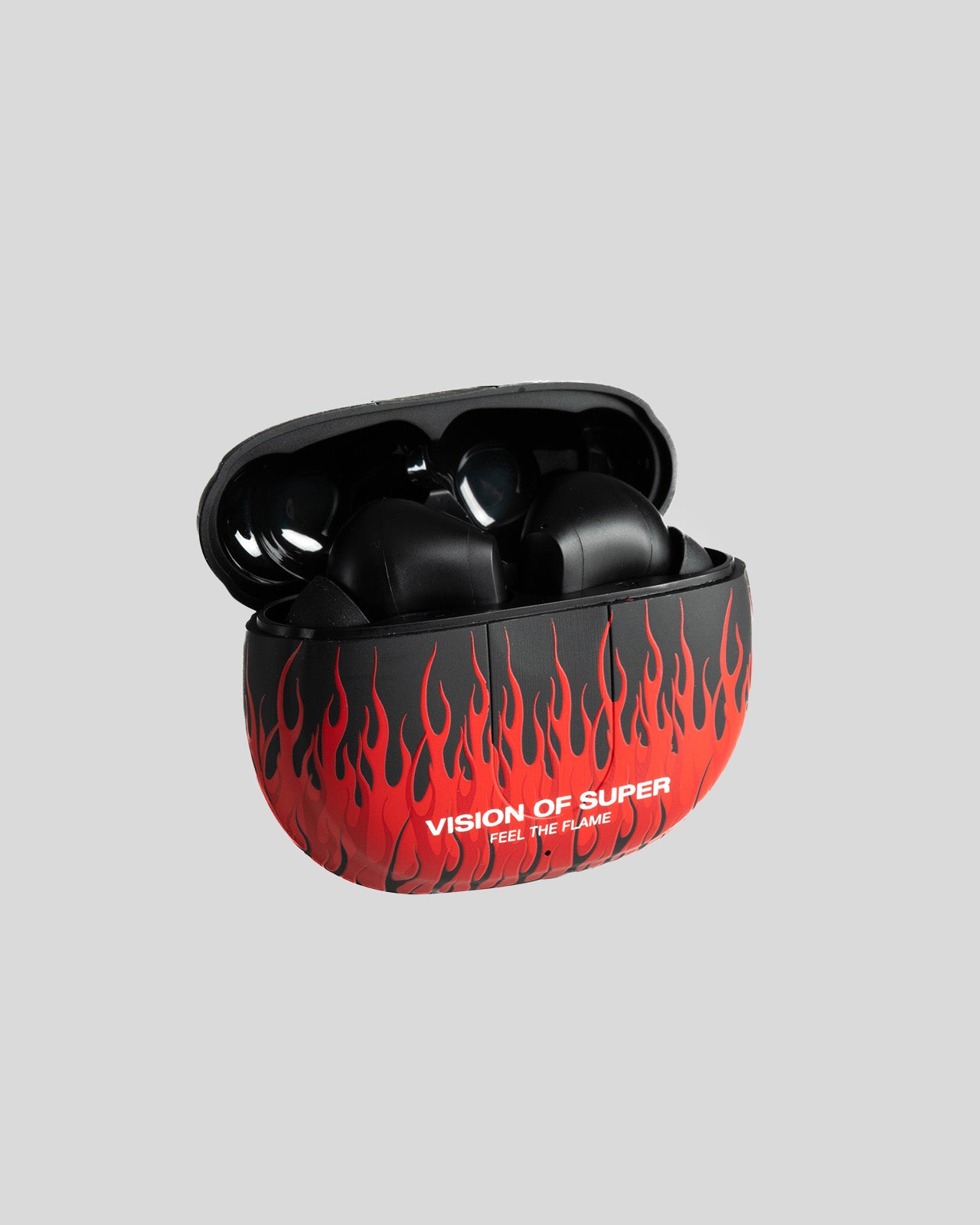 BLACK EARPHONES WITH RED FLAMES AND WHITE LOGO