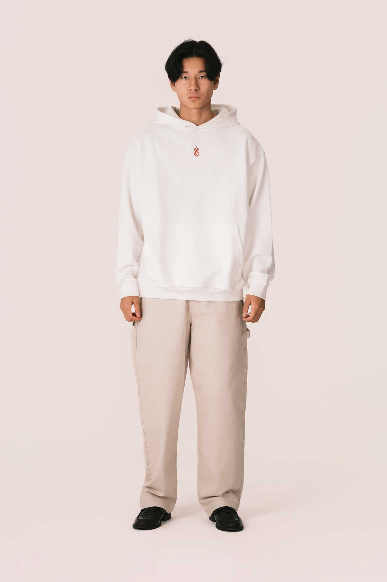 OFFWHITE HOODIE WITH EMBROIDERED FLAME