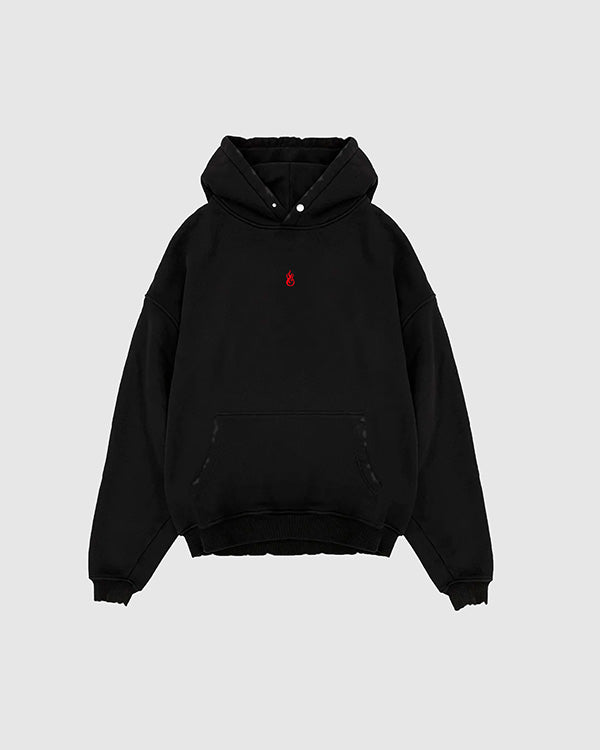 BLACK HOODIE WITH EMBROIDERED FLAME