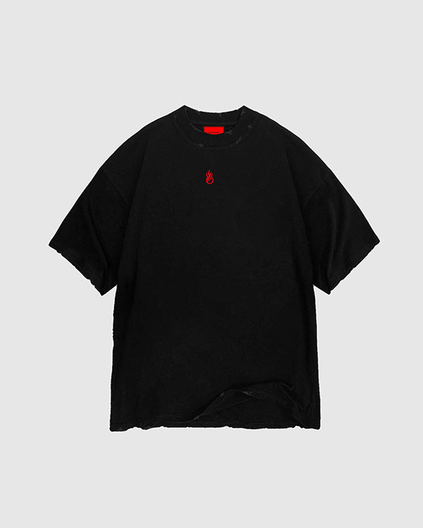 BLACK TEE WITH EMBROIDERED FLAME