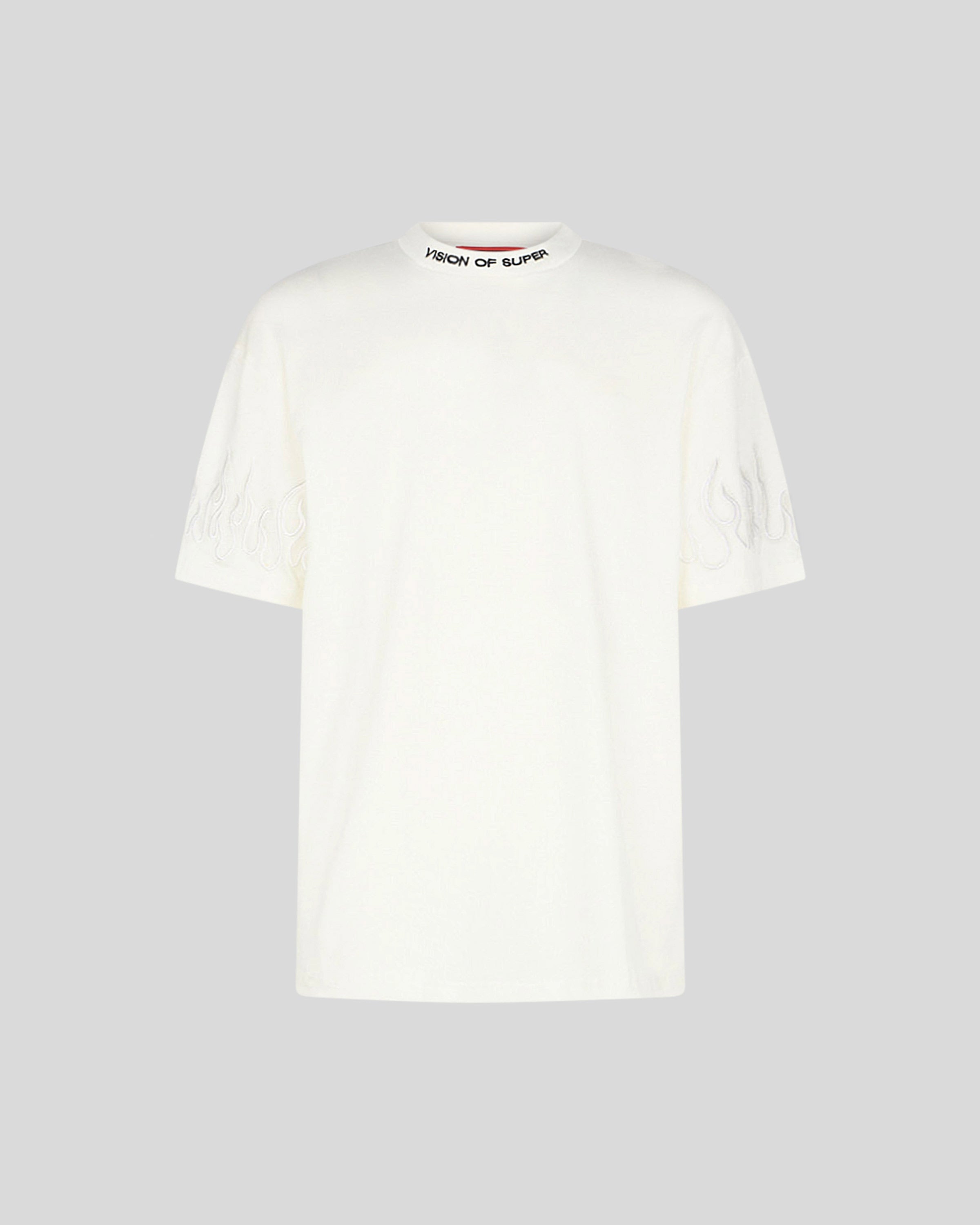 WHITE T-SHIRT WITH WHITE EMBROIDERED FLAMES