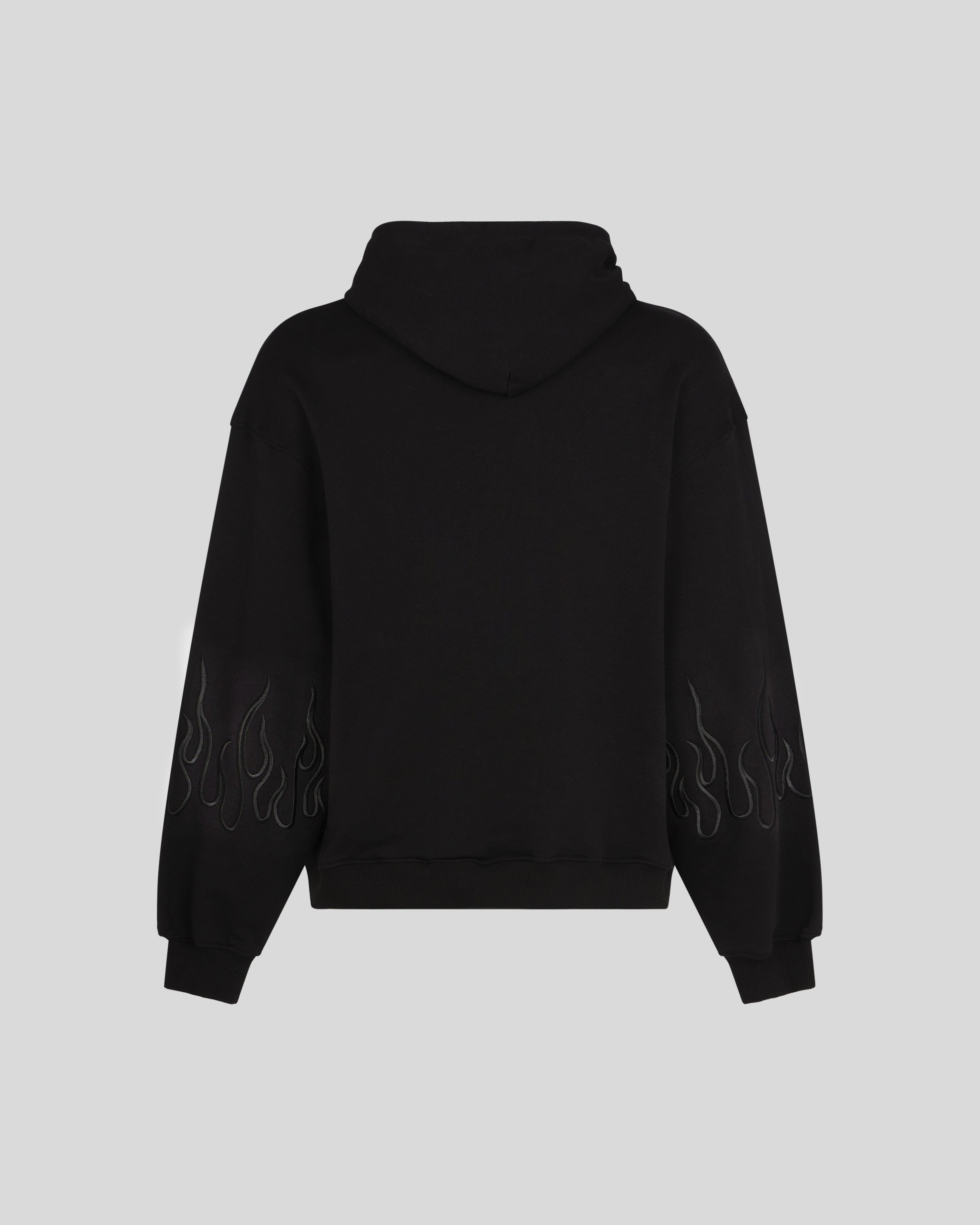 BLACK HOODIE WITH BLACK EMBROIDERED FLAMES