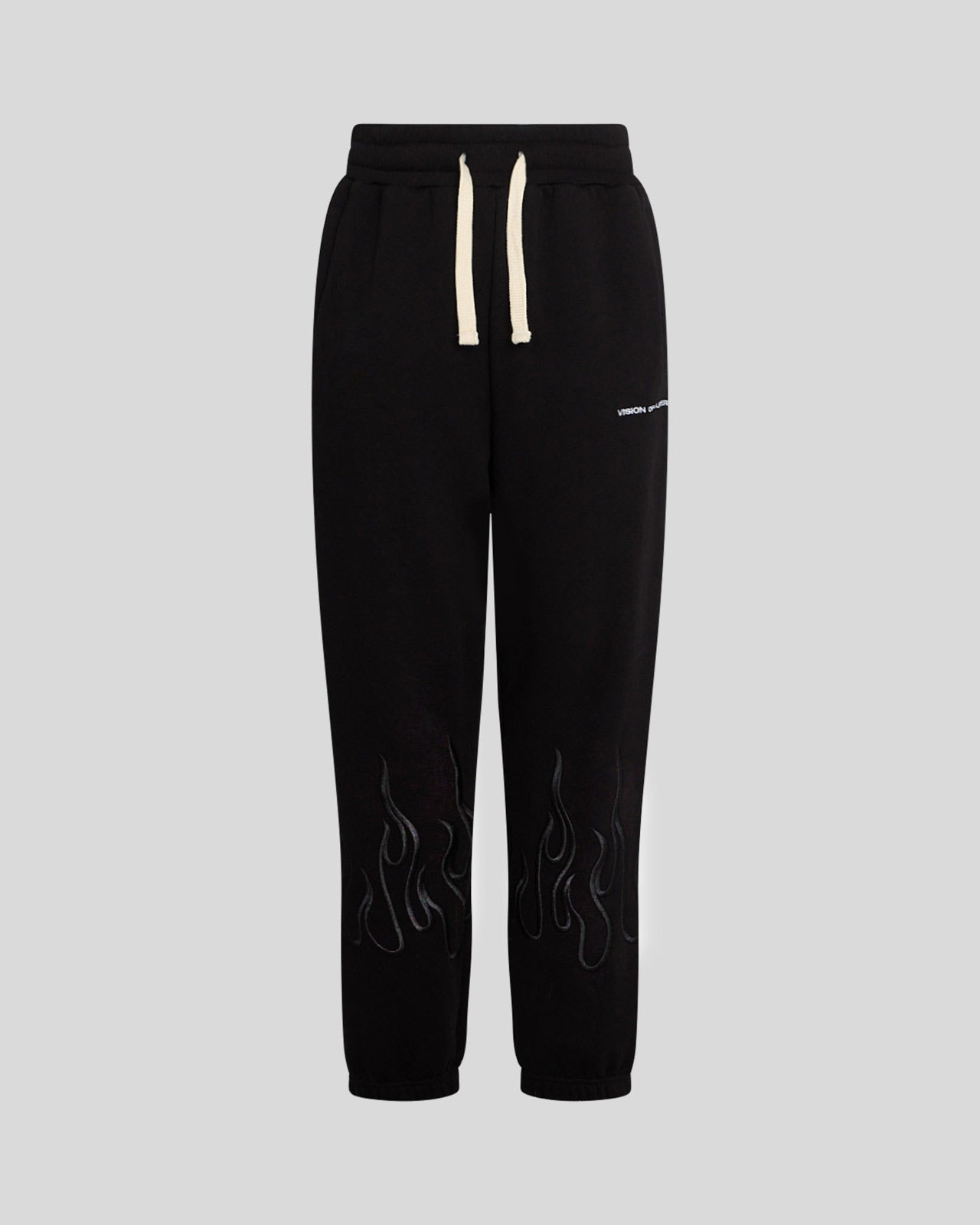BLACK PANTS WITH BLACK EMBROIDERED FLAMES