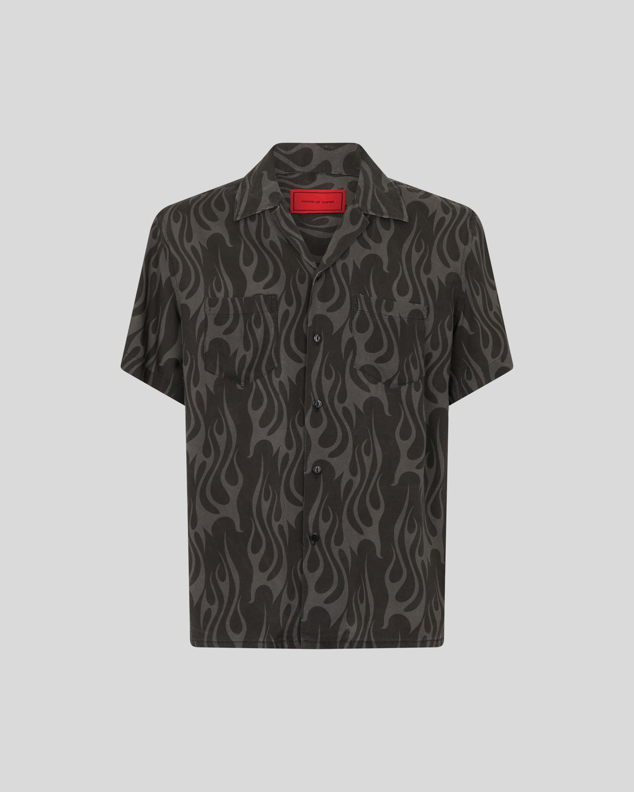 BLACK SHIRT WITH ALL OVER FLAMES PRINT AND METAL LABEL