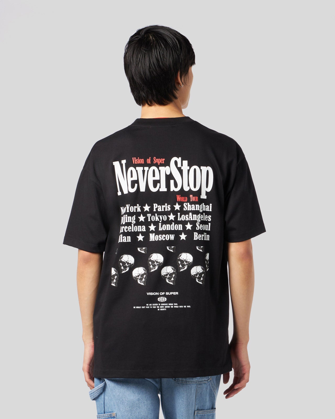 BLACK T-SHIRT WITH NEVER STOP PRINT