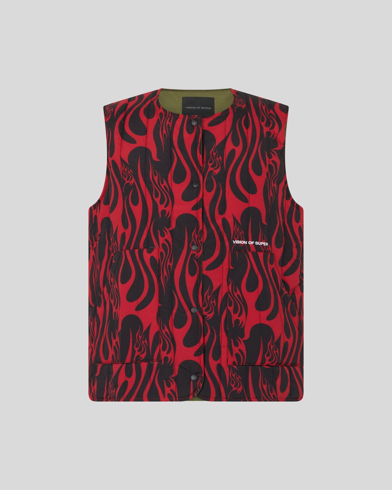 DOUBLE FACE GILET WITH ALL OVER FLAMES AND LOGO PRINT