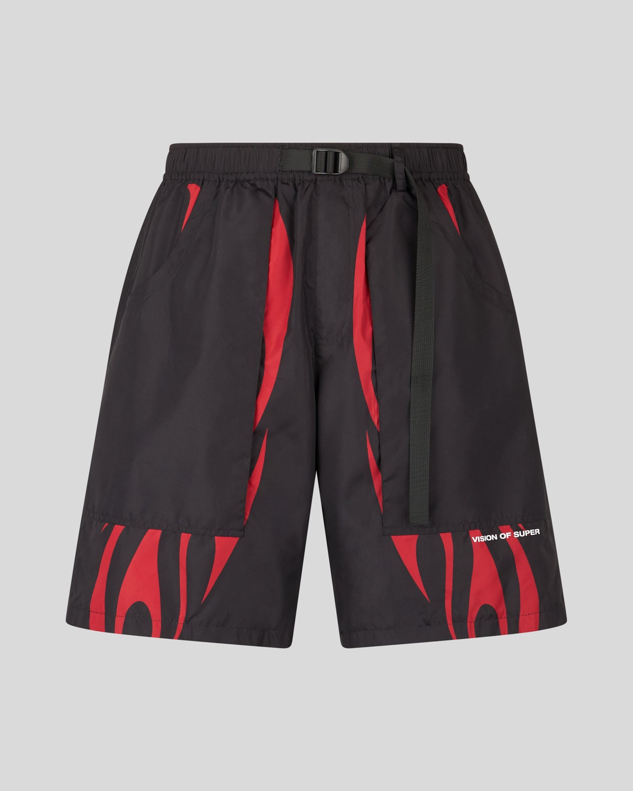 BLACK CARGO SHORTS WITH TRIBAL FLAMES AND LOGO PRINT