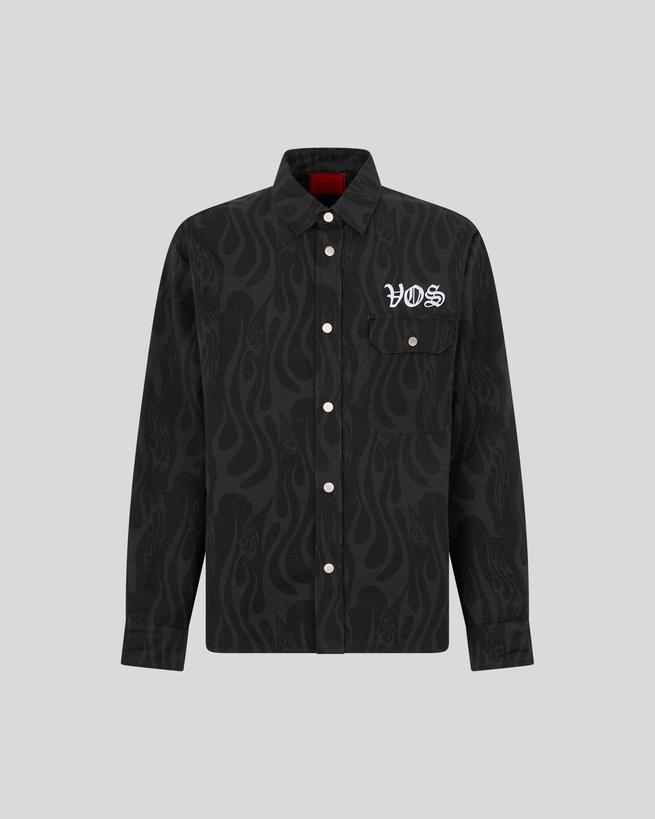BLACK CARGO JACKET WITH ALL OVER FLAMES PRINT AND GOTIC LOGO