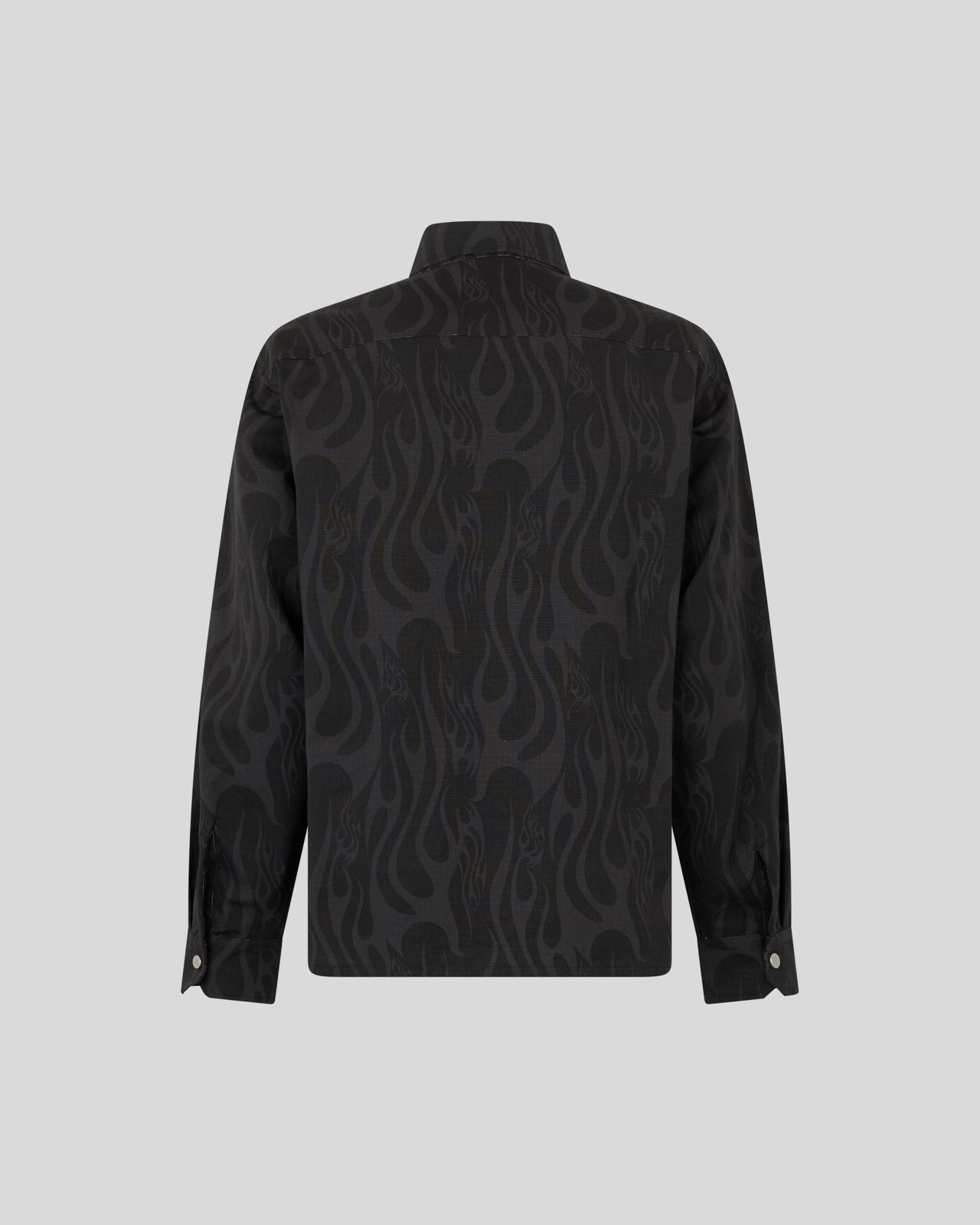 BLACK CARGO JACKET WITH ALL OVER FLAMES PRINT AND GOTIC LOGO