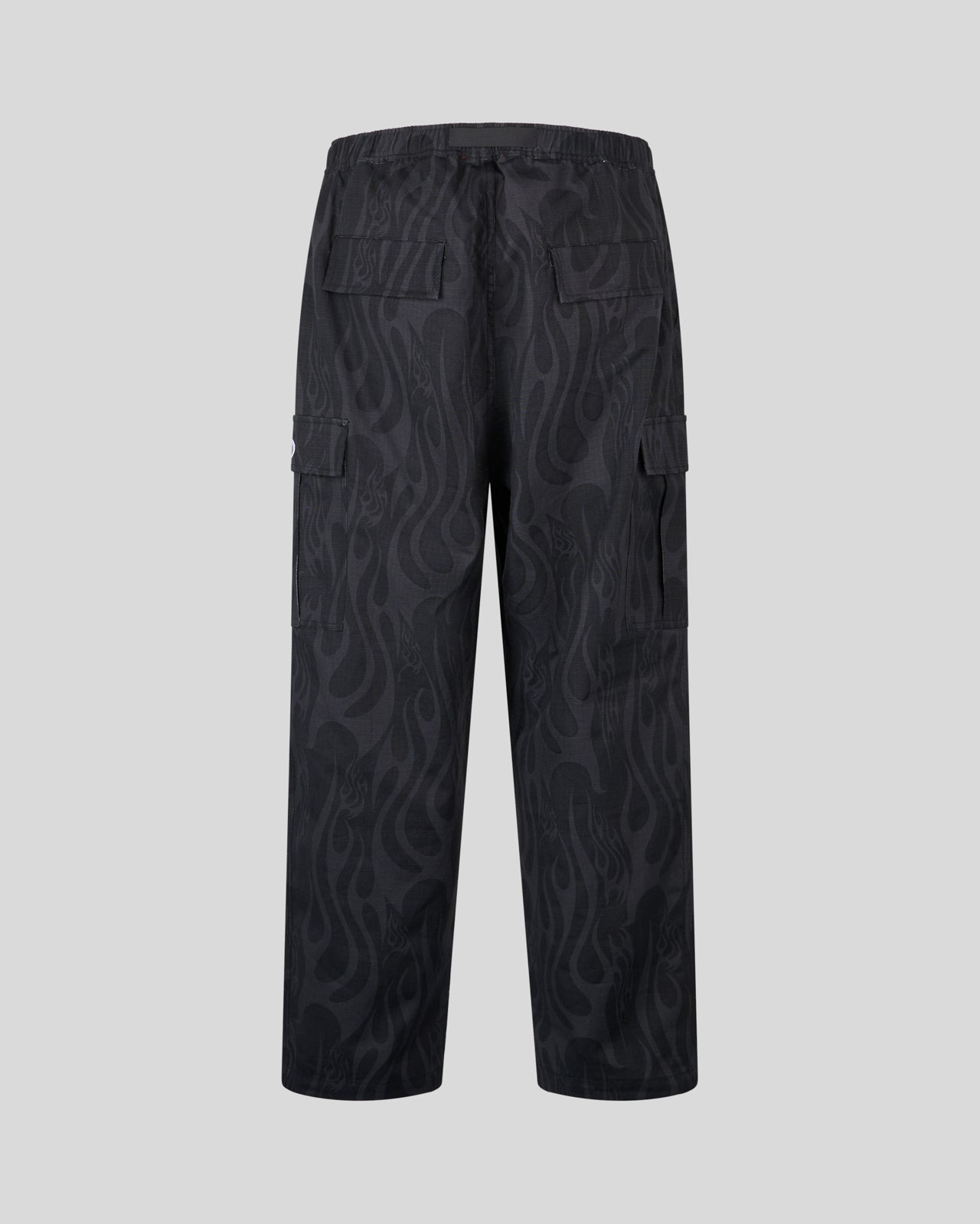BLACK CARGO PANTS WITH ALL OVER FLAMES PRINT AND GOTIC LOGO
