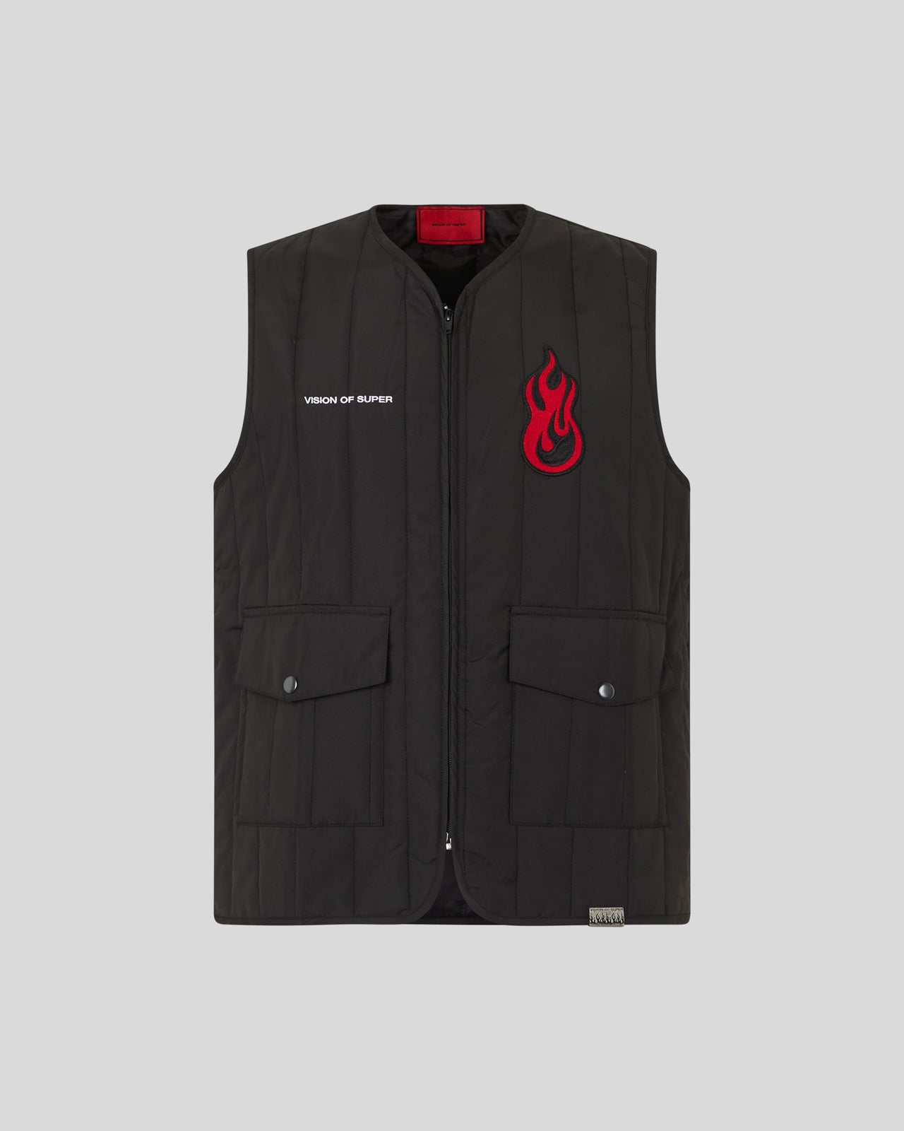BLACK GILET WITH VOS GRAPHICS PATCHES AND LOGO
