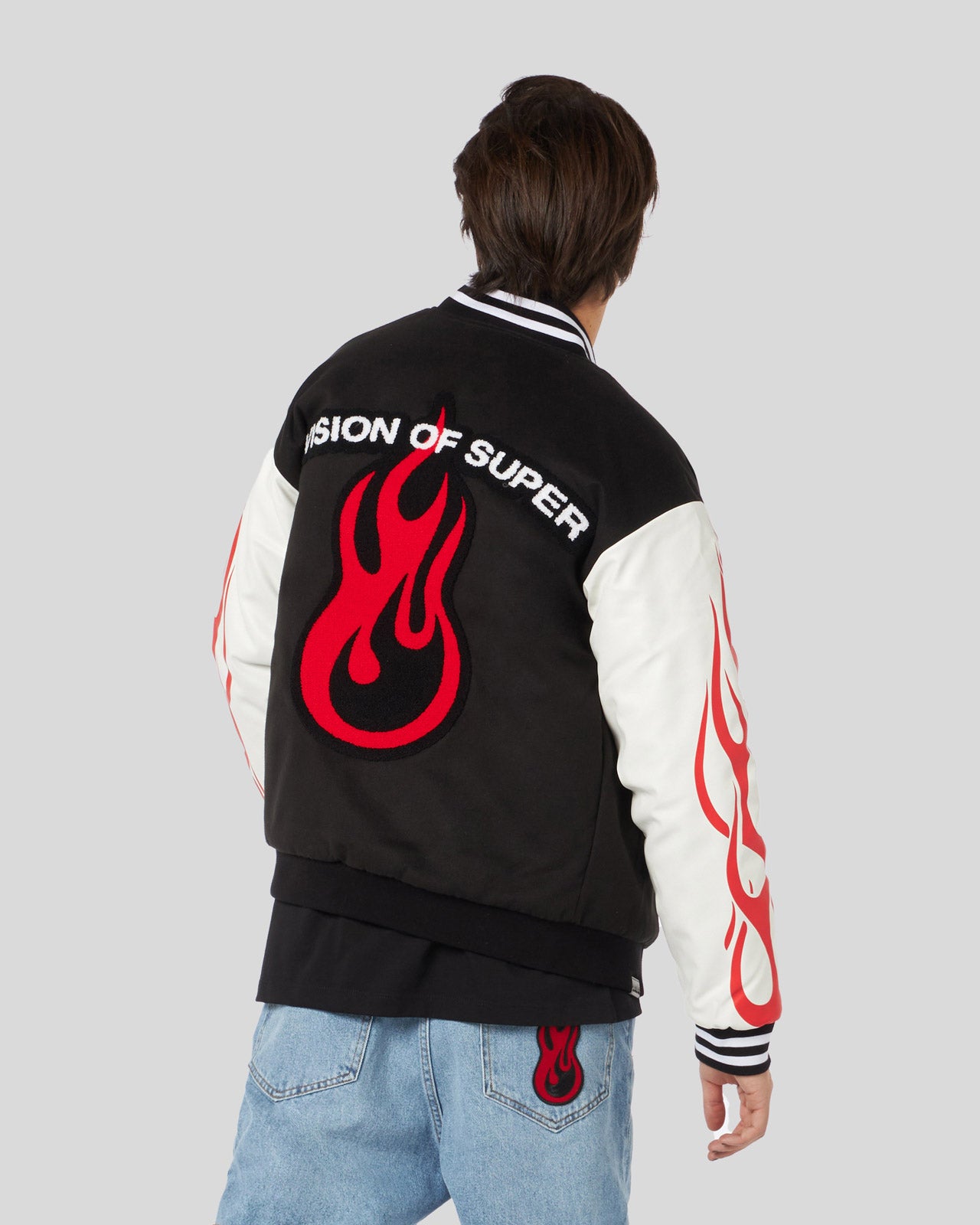 VARSITY JACKET WITH GOTIC PATCH RED FLAMES AND LOGO
