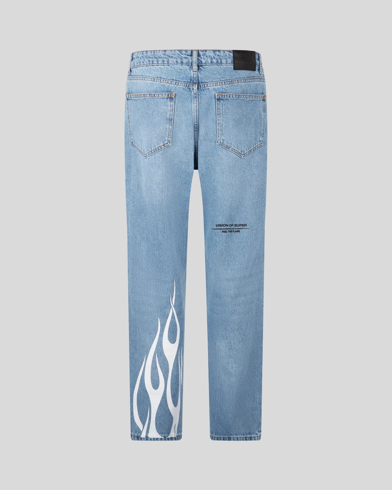 BLUE DENIM JEANS WITH PRINTED FLAMES AND LOGO