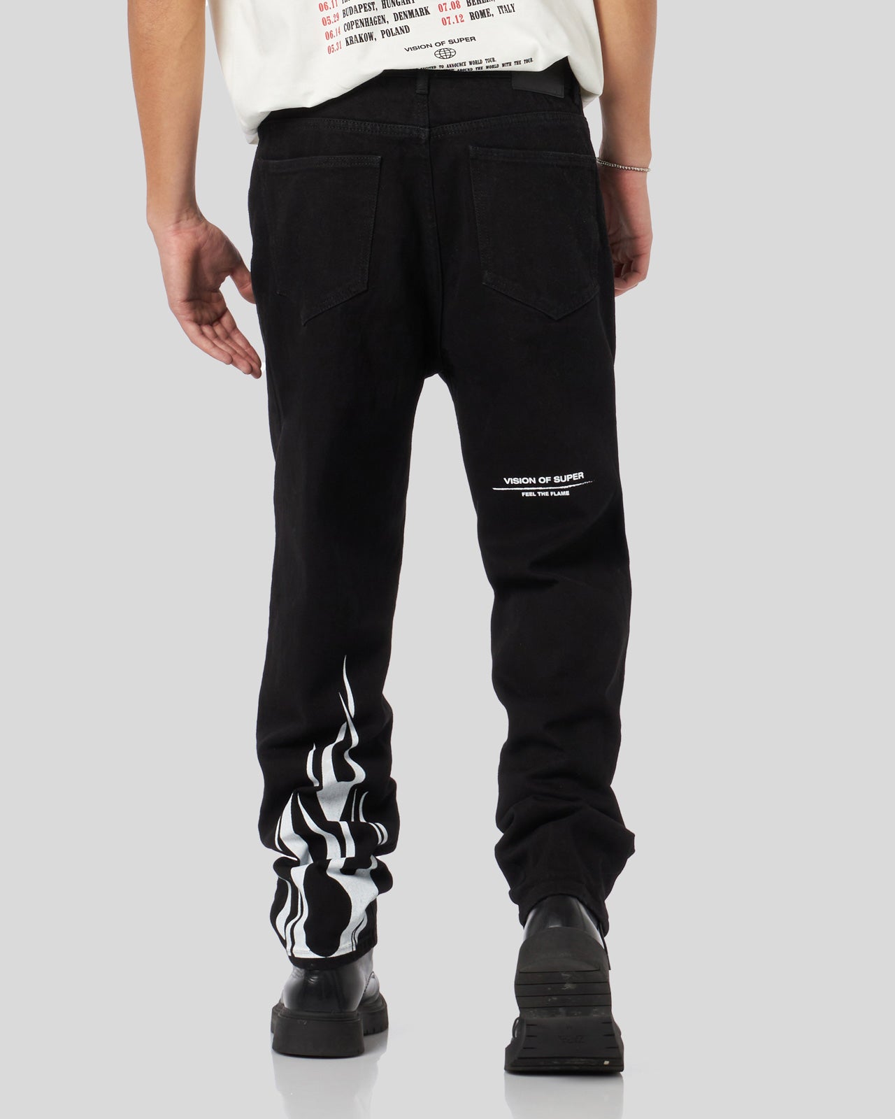 BLACK DENIM JEANS WITH PRINTED FLAMES AND LOGO