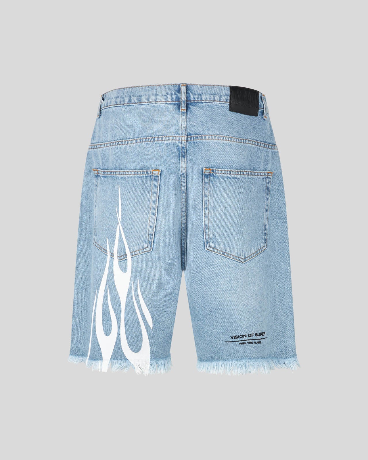 BLUE DENIM SHORTS WITH PRINTED FLAMES AND LOGO
