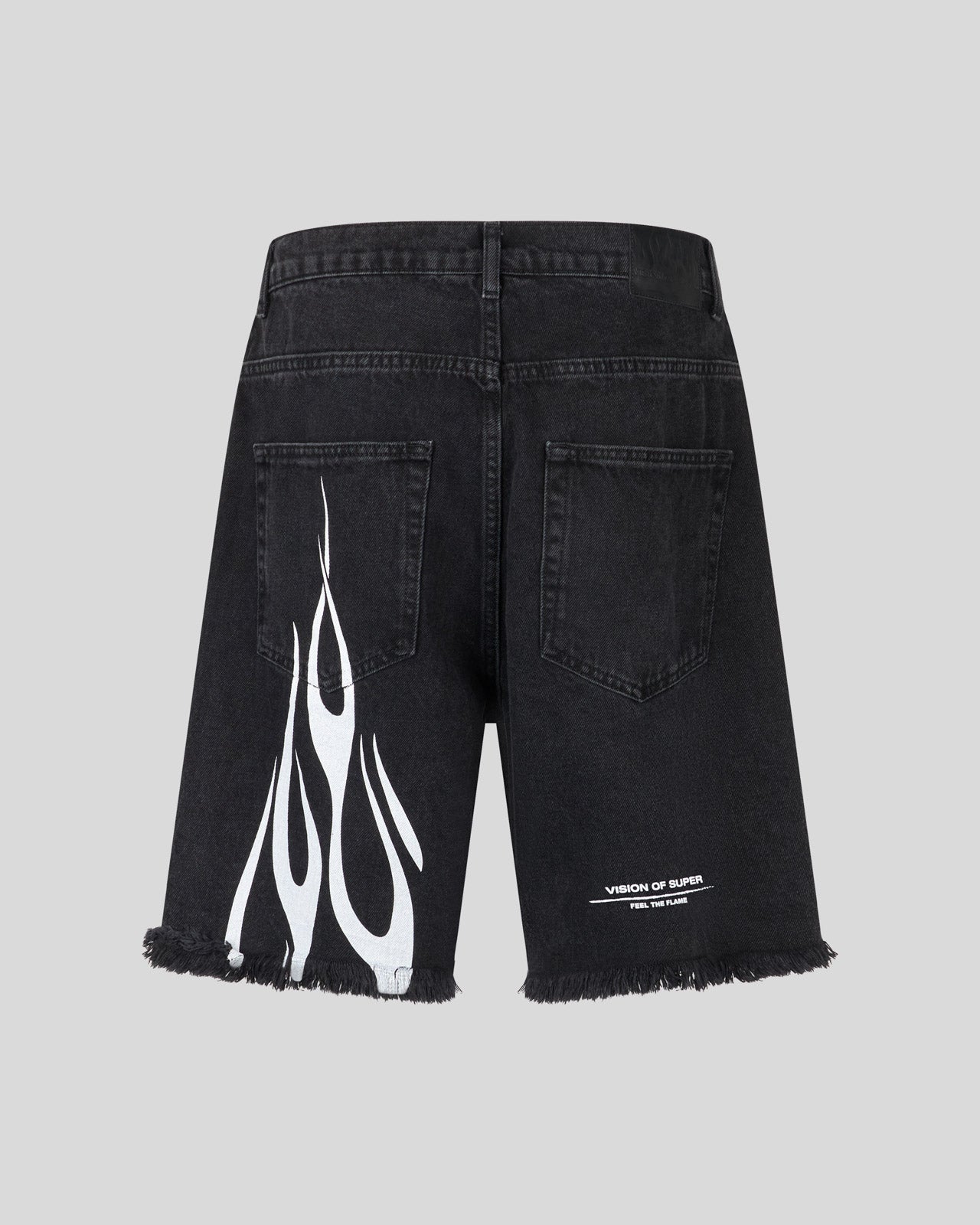 BLACK DENIM SHORTS WITH PRINTED FLAMES AND LOGO