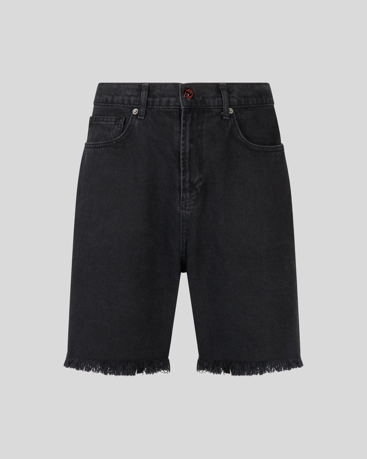 BLACK DENIM SHORTS WITH V-S GOTIC PATCHES