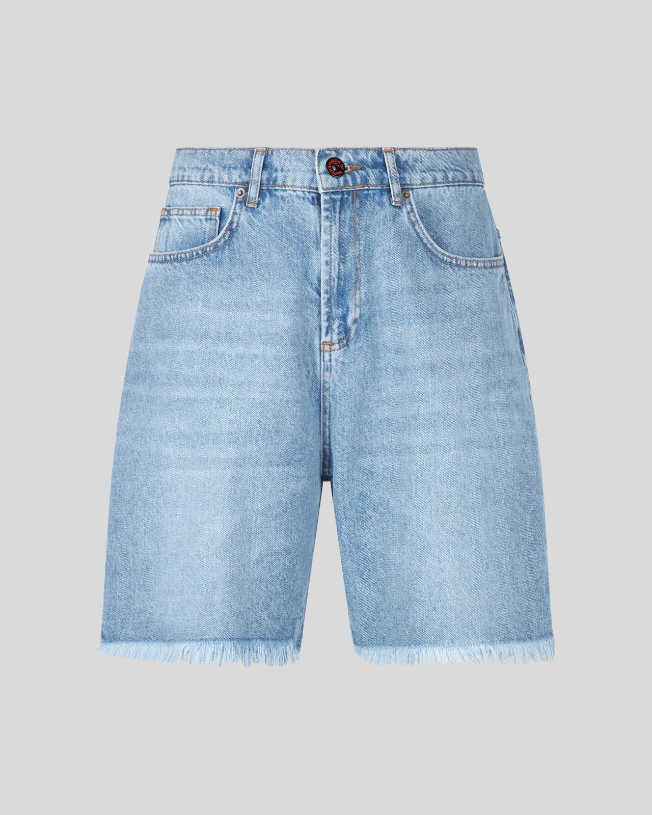 BLUE DENIM SHORTS WITH PRINTED LOGO AND FLAMES PATCH